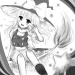  bad_id braid broom broom_riding hat hat_ribbon head_tilt kirisame_marisa long_hair mizuki_miyu monochrome ribbon single_braid sketch smile solo touhou waving witch_hat 