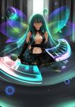  absurdres blue_eyes breasts catstudio_(artist) center_opening cleavage detached_sleeves elbow_gloves gloves green_hair hatsune_miku highres long_hair musical_note piano_keys reflection skirt solo very_long_hair vocaloid wings 