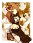  blue_eyes blush boots brown_hair checkered face flower food hair_flower hair_ornament heterochromia kneeling long_hair plate shirabi_(life-is-free) side_slit smile solo spoon thigh-highs thigh_boots thighhighs wrist_cuffs yellow_eyes zoom_layer 