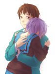 brown_hair cardigan comforting hug kyon nagato_yuki purple_hair school_uniform short_hair suzumiya_haruhi_no_yuuutsu 