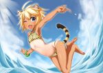  1girl animal_ears bandaid bikini blonde_hair blue_eyes bracelet choco_flex fang flat_chest jewelry navel ocean one_eye_closed original pointing short_hair sky solo swimsuit tagme tail tiger_ears tiger_print tiger_tail 