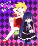  blonde_hair blue_eyes blue_hair bow chuck chuck_(psg) dress earrings hair_bow highres jewelry long_hair mani multiple_girls panty_&amp;_stocking_with_garterbelt panty_(character) panty_(psg) stocking_(character) stocking_(psg) striped striped_legwear striped_thighhighs stuffed_toy thigh-highs thighhighs 