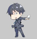  1boy belt between_fingers black_hair character_request chibi copyright_request envelope formal grey_background idolmaster idolmaster_cinderella_girls letter lowres necktie outstretched_arm producer_(idolmaster_cinderella_girls_anime) simple_background solo standing suit tunamayochan 