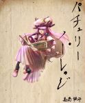  bow character_name crescent_moon cup hair_bow hat highres kiki_(uxoia) patchouli_knowledge pixiv_manga_sample purple_hair solo teacup teapot touhou wink 