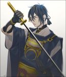  1boy blue_hair japanese_clothes katana mikazuki_munechika sayagata shichishou solo sword touken_ranbu weapon yellow_eyes 