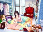  bag barefoot bedroom boots brown_eyes brown_hair cat indoors legs long_hair mame_chidori original pillow sitting sleeves_pushed_up solo 