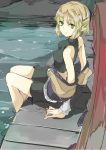  1girl arm_warmers bare_shoulders blonde_hair colored green_eyes hasebe_yuusaku looking_at_viewer mizuhashi_parsee pointy_ears shirt shirt_pull short_hair sitting sketch skirt sleeveless solo touhou vest water 