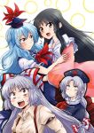  4girls armband arms_around_waist ascot bangs black_hair blue_dress blue_eyes blue_hair blush bow breasts brown_eyes brown_skirt circle collarbone collared_shirt commentary_request constellation constricted_pupils dress ears frilled_collar fujiwara_no_mokou hair_bow hat houraisan_kaguya japanese_clothes kamishirasawa_keine kimono long_hair long_skirt looking_at_another looking_up multicolored_dress multicolored_hair multiple_girls nurse_cap open_mouth red_eyes short_sleeves shouting silver_hair skirt smile surprised suspenders sweatdrop teeth tongue touching touhou two-tone_hair unya very_long_hair white_background wide_sleeves worried yagokoro_eirin yuri 