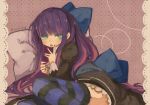  aqua_eyes bow dress gothic_lolita hair_bow lolita_fashion long_hair panty_&amp;_stocking_with_garterbelt puni_(orangeplanet) purple_hair solo stocking_(character) stocking_(psg) striped striped_legwear striped_thighhighs thigh-highs thighhighs tongue 