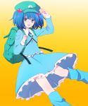  50yen :d backpack bad_id bag blue_eyes blue_hair boots hair_bobbles hair_ornament hat kawashiro_nitori key open_mouth salute short_hair smile solo touhou twintails 