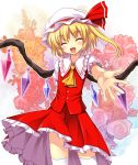  ascot beckon blonde_hair closed_eyes fang flandre_scarlet flower hat outstretched_arm outstretched_hand ponytail short_hair side_ponytail smile solo thigh-highs thighhighs touhou wings yamasan 