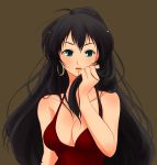  black_hair blue_eyes breasts cleavage dress earrings ganaha_hibiki highres idolmaster jewelry long_hair maiko_(yoshida308) ponytail red_dress 