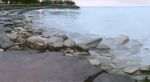 beach eriance lake lamppost landscape no_humans original painting rock sky tree water 