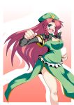  blue_eyes braid breasts cleavage clenched_hands fang hat hong_meiling kotepo large_breasts long_hair open_mouth red_hair redhead ribbon side_slit smile solo star touhou twin_braids very_long_hair wink 