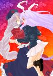  animal_ears braid bunny_ears bunny_tail grey_eyes highres holding_hands lavender_hair long_hair multiple_girls myama rabbit_ears red_eyes reisen_udongein_inaba silver_hair tail touhou very_long_hair yagokoro_eirin yuri 