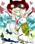  alice_in_wonderland asaki blonde_hair bow bunny cheshire_cat clubs diamond dress fork glowing glowing_eyes green_eyes grin hair_bow heart knife long_hair long_sleeves open_mouth oversized_object pocket_watch rabbit red_eyes silhouette smile spade umbrella watch white_rabbit 