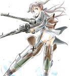  ass brown_eyes brown_hair drum_magazine dual_wielding gertrud_barkhorn gun highres long_hair looking_back machine_gun military military_uniform munmun open_mouth panties simple_background solo strike_witches striker_unit twintails underwear uniform weapon white_panties 