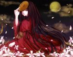  brown_hair fatal_frame fatal_frame_4 flower haibara_sakuya japanese_clothes junjam kimono long_hair mask moon petals very_long_hair 