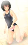  1girl amagami barefoot black_eyes black_hair competition_swimsuit dutch_angle nanasaki_ai one-piece_swimsuit shian_(my_lonly_life.) short_hair solo sponge suds swimsuit 