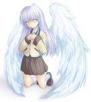  angel_wings blazer blue_hair brown_eyes kneeling long_hair school_uniform sketch tachibana_kanade wings yukigumo 