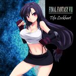  black_hair breasts character_name cleavage clenched_hands elbow_gloves elbow_pads final_fantasy final_fantasy_vii fingerless_gloves fist gloves grune grune_(artist) highres large_breasts long_hair midriff miniskirt navel red_eyes shorts skirt smile suspenders tank_top taut_shirt tifa_lockhart title_drop very_long_hair 