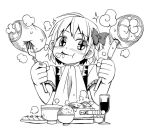 1girl boned_meat bowl eating food fork kannazuki_hato knife meat monochrome rice rumia saliva simple_background solo touhou 