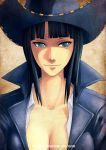  1girl black_hair blue_eyes breasts bust cleavage closed_mouth hat kei-suwabe medium_hair nico_robin one_piece solo 