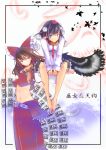  adapted_costume barefoot belt bird_on_arm black_hair black_wings border bow brown_hair feathers hair_bow hakurei_reimu hat leaf long_hair long_skirt looking_at_viewer maple_leaf midriff mito_(calcomer) multiple_girls navel necktie no_nose outstretched_arm pointy_ears purple_eyes red_eyes scarf shameimaru_aya short_hair sitting sitting_on_person smile tokin_hat touhou wings 