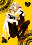  1girl blonde_hair blue_eyes bowtie couple durarara!! heiwajima_shizuo legs long_legs short_hair sitting sitting_on_lap sitting_on_person ta_eiko taeko_(tao) thighs tuxedo vest vorona vorona_douglanikov 