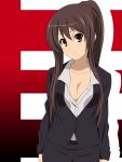  breasts brown_eyes brown_hair business_suit cleavage face formal head_tilt ikari_manatsu long_hair no_bra open_clothes open_shirt ponytail shirt solo suit suzumiya_haruhi suzumiya_haruhi_no_yuuutsu unbuttoned 