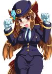  animal_ears artist_request blush breasts brown_eyes brown_hair cat_pose flower glasses gloves hydrangea large_breasts neriwasabi open_mouth paw_pose police police_uniform policewoman seyano_ajisai smile source_request uniform 