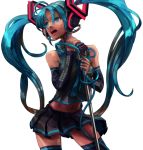  aburaya_tonbi aqua_eyes aqua_hair detached_sleeves hatsune_miku headphones long_hair microphone microphone_stand navel simple_background skirt solo thigh-highs thighhighs twintails very_long_hair vocaloid zettai_ryouiki 