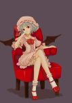  bloomers blue_hair bow chair chin_rest crossed_legs dress frills hat highres mary_janes open_mouth red_eyes remilia_scarlet shoes short_hair simple_background sitting solo touhou wakatomo wings 