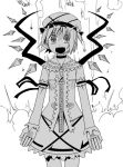  :d crystal empty_eyes explosion fangs flandre_scarlet kannazuki_hato monochrome open_mouth short_hair simple_background smile solo touhou wings 