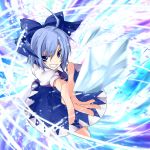  ahoge blue_eyes blue_hair bow cirno grin hair_bow ice mitsuharu_iseki neck_ribbon ribbon short_hair smile solo touhou wings 