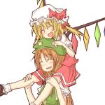  2girls :d blonde_hair blush bow braid carrying closed_eyes flandre_scarlet hair_bow hand_on_hat hat hong_meiling multiple_girls natsuk open_mouth red_hair shoulder_carry side_ponytail smile star touhou wings 