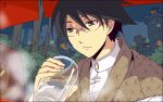  building cityscape drink from_below glass glasses green_eyes itoshiki_nozomu japanese_clothes kimono looking_down male milcho perspective pixel_art sayonara_zetsubou_sensei steam water 
