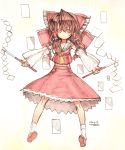  ascot bad_id bow brown_hair detached_sleeves dual_wielding gohei hair_bow hakurei_reimu midriff ofuda red_eyes rondo_bell short_hair skirt solo touhou 