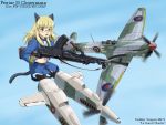  airplane animal_ears blonde_hair cat_ears flak_(artist) flying glasses gun hawker_tempest long_hair military military_uniform pantyhose perrine_h_clostermann pierre_clostermann propeller sky strike_witches tail uniform weapon wwii yellow_eyes 