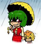  ascot blonde_hair blush_stickers breasts child green_hair hair_ornament holding_hands jagged_teeth kazami_yuuka keychain multiple_girls plaid plaid_skirt plaid_vest rain rape_face red_eyes scared shaded_face sharp_teeth sho_(pixiv) short_hair skirt skirt_set solid_circle_eyes tears toramaru_shou touhou trembling umbrella you_gonna_get_raped young 