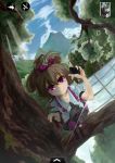  brown_hair cellphone cellphone_display checkered checkered_skirt cleavage from_above hat highres himekaidou_hatate ilis in_tree phone purple_eyes rice_paddy short_hair skirt smile solo tokin_hat touhou tree twintails violet_eyes water_wheel 