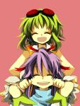  1girl closed_eyes couple goggles goggles_on_head green_hair gumi happy headset kamui_gakupo male purple_hair smile vocaloid 