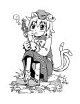  cat's_tongue cat_ears cat_tail chen earrings fang fish hat jewelry kannazuki_hato monochrome multiple_tails short_hair simple_background skewered slit_pupils stick tail touhou 
