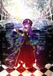  black_dress book bow checkered checkered_floor crescent crescent_moon crossed_legs dress elbow_gloves gloves hair_bow hand_in_hair hat highres library long_hair organ_derwald patchouli_knowledge purple_eyes reading red_eyes sitting solo star touhou violet_eyes 
