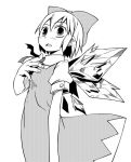  dress hair_ribbon hand_on_own_chest hand_over_chest kannazuki_hato monochrome open_mouth pointy_ears ribbon simple_background touhou wings 