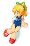  blue_eyes clothes_writing drink energy_tank green_eyes highres long_hair om_(artist) one-piece_swimsuit ponytail rockman roll school_swimsuit swimsuit 