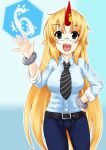  &#9317; amau_(artist) bespectacled blonde_hair cuffs fangs glasses hand_on_hip horn horns hoshiguma_yuugi long_hair necktie number red_eyes sleeves_rolled_up solo touhou 