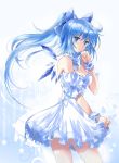  adult alternate_costume alternate_hairstyle blue_eyes blue_hair bow breasts cirno cleavage dress hair_bow highres long_hair pico_(picollector79) ponytail solo touhou wings wrist_cuffs 