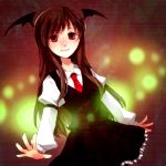  bat_wings face hands head_wings koakuma long_hair long_sleeves looking_at_viewer necktie outstretched_arm outstretched_hand smile solo touhou vest wings 