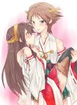  2girls artist_request bare_shoulders blush brown_hair carrying detached_sleeves hairband haruna_(kantai_collection) hiei_(kantai_collection) japanese_clothes kantai_collection long_hair multiple_girls nontraditional_miko princess_carry short_hair thigh-highs yuri 